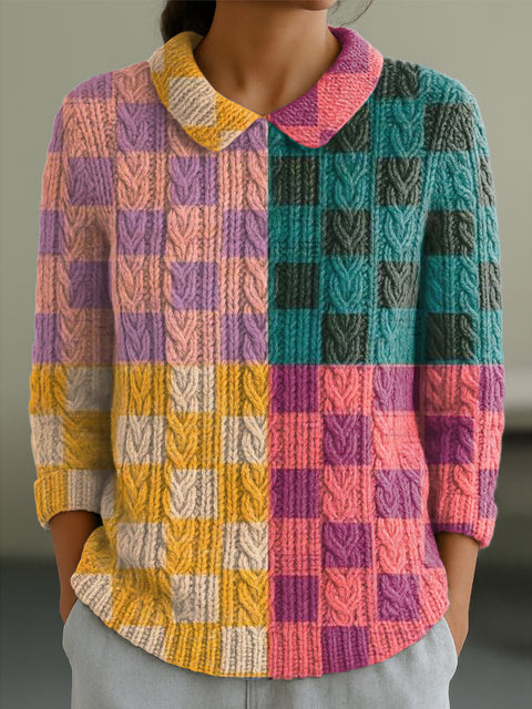 Women's Abstract Colorful Plaid Painting Art Print Casual Peter Pan Collar 3/4 Sleeve Sweater