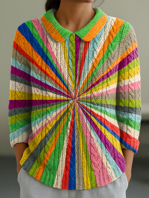 Women's Colorful Radiating Stripes Painting Art Print Casual Peter Pan Collar 3/4 Sleeve Sweater
