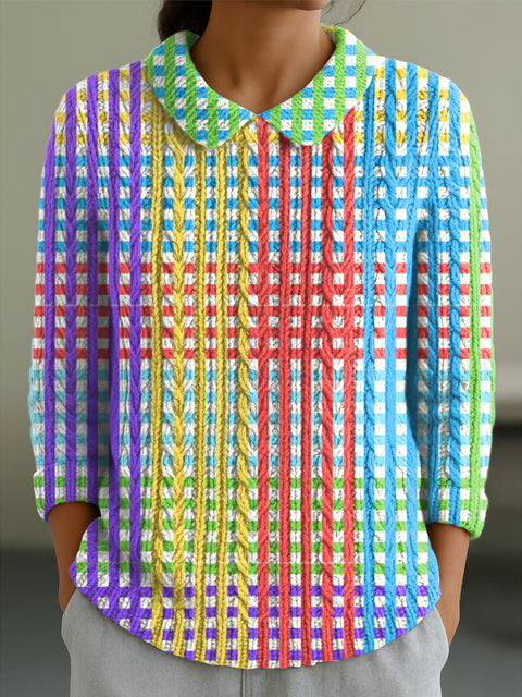 Women's Colorful Stripe Painting Art Print Casual Peter Pan Collar 3/4 Sleeve Sweater