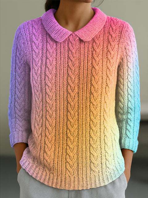Women's Abstract Gradient Colorful Painting Art Print Casual Peter Pan Collar 3/4 Sleeve Sweater