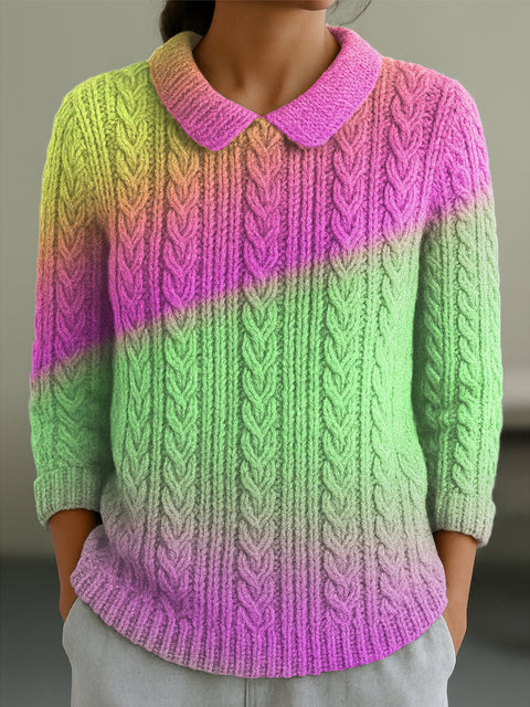 Women's Abstract Gradient Colorful Painting Art Print Casual Peter Pan Collar 3/4 Sleeve Sweater