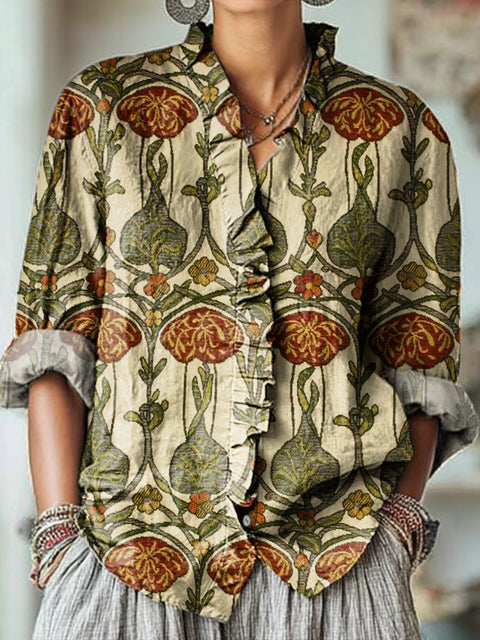 Women's Abstract Ethnic Floral Painting Art Print Casual Cotton And Linen Ruffle Shirt
