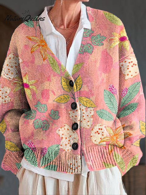 Beautiful Pink Floral Painting Art Print Buttoned V-neck Cardigan Sweater