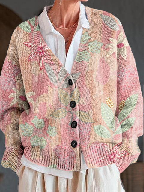 Beautiful Pink Floral Painting Art Print Buttoned V-neck Cardigan Sweater