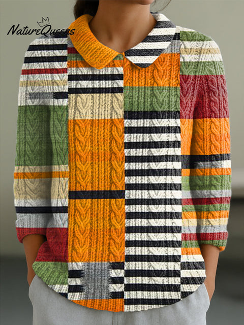 Women's Colorful Geometric Plaid Painting Art Print Casual Peter Pan Collar 3/4 Sleeve Sweater