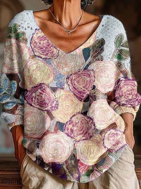 Women's Beautiful Large Oil Painting Flower Painting Art Print Casual Pullover Sweater