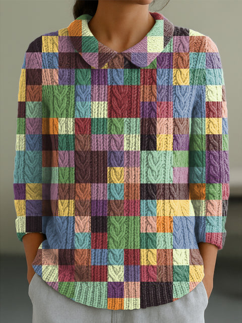 Women's Colorful Plaid Art Print Casual Peter Pan Collar 3/4 Sleeve Sweater