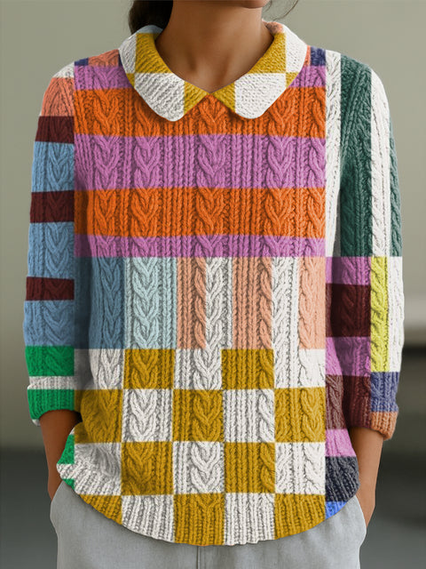 Women's Abstract Colorful Geometric Plaid Painting Art Print Casual Peter Pan Collar 3/4 Sleeve Sweater