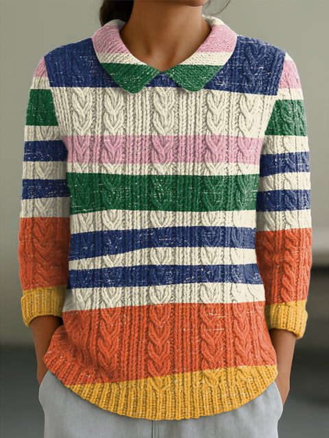 Women's Abstract Colorful Stripes Painting Art Print Casual Peter Pan Collar 3/4 Sleeve Sweater