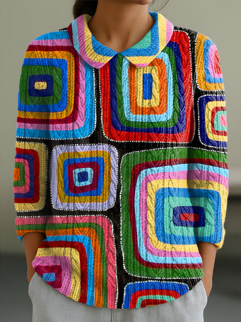 Women's Abstract Colorful Plaid Painting Art Print Casual Peter Pan Collar 3/4 Sleeve Sweater
