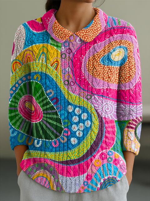 Women's Abstract Colorful Circular Graffiti Painting Art Print Casual Peter Pan Collar 3/4 Sleeve Sweater