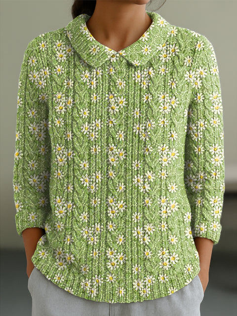 Women's Beautiful Floral Painting Art Print Casual Peter Pan Collar 3/4 Sleeve Sweater