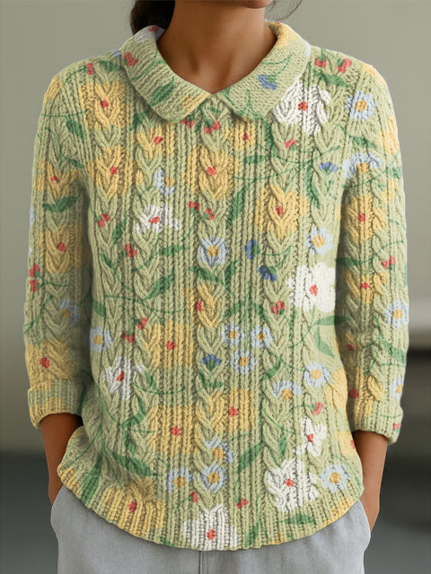 Women's Beautiful Floral Painting Art Print Casual Peter Pan Collar 3/4 Sleeve Sweater