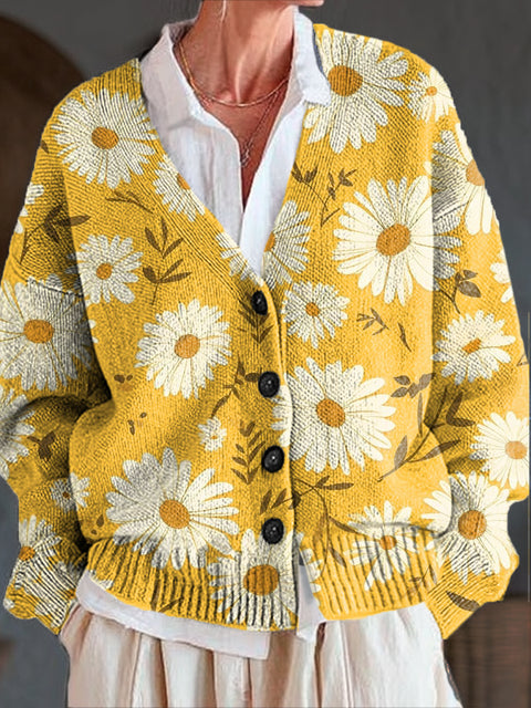 Beautiful Flower Painting Art Print Buttoned V-neck Cardigan Sweater