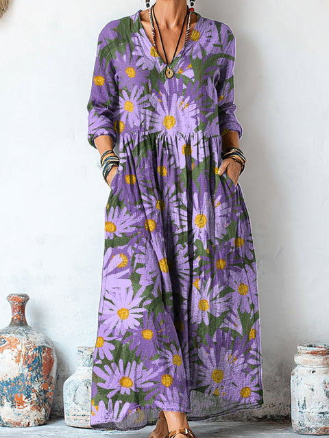 Women's Beautiful Large Flower Painting Art Print Linen Pocket Tunic Dress