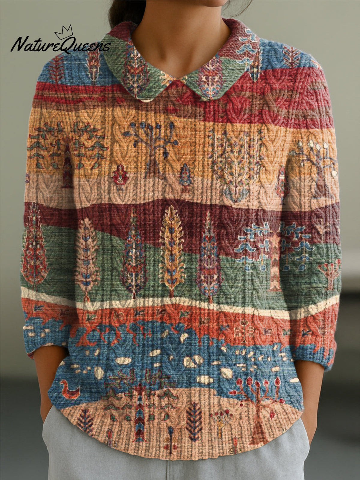 Women's Vintage Abstract Landscape Painting Art Print Casual Peter Pan Collar 3/4 Sleeve Sweater