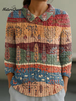 Women's Vintage Abstract Landscape Painting Art Print Casual Peter Pan Collar 3/4 Sleeve Sweater