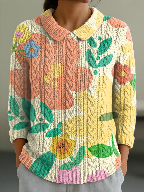 Women's Beautiful Colorful Large Flower Painting Art Print Casual Peter Pan Collar 3/4 Sleeve Sweater