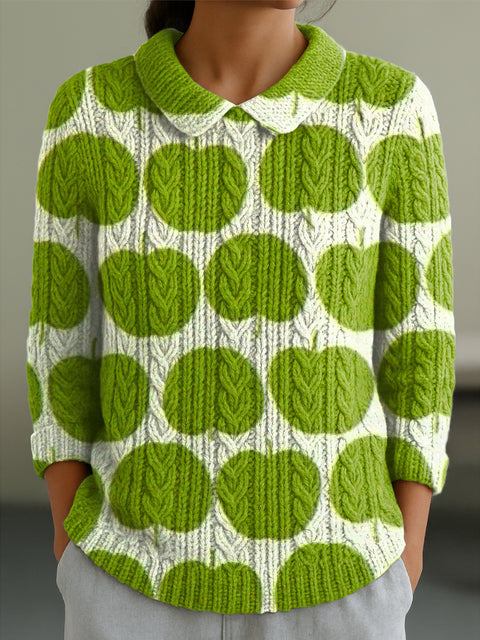Women's Cute Green Apple Painting Art Print Casual Peter Pan Collar 3/4 Sleeve Sweater