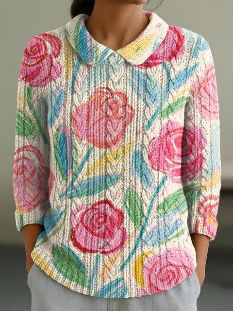 Women's Beautiful Large Rose Flower Painting Art Print Casual Peter Pan Collar 3/4 Sleeve Sweater