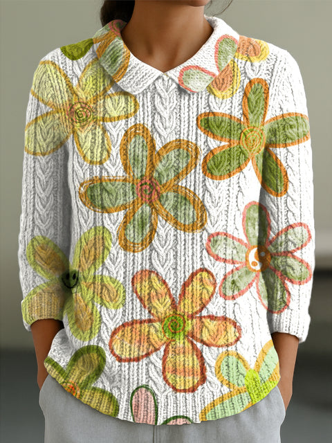 Women's Cute Large Flower Painting Art Print Casual Peter Pan Collar 3/4 Sleeve Sweater
