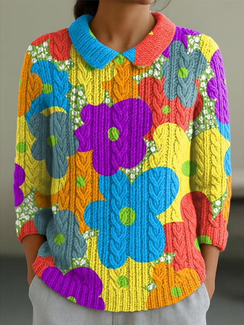 Women's Cute Colorful Large Flower Painting Art Print Casual Peter Pan Collar 3/4 Sleeve Sweater