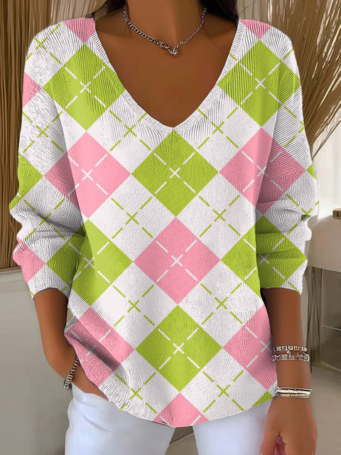 Women's Pastel Green Diamond Geometric Painting Art Print Casual Pullover Sweater