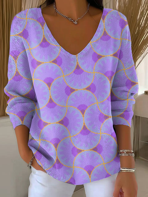 Women's Purple Fan Shape Geometric Painting Art Print Casual Pullover Sweater