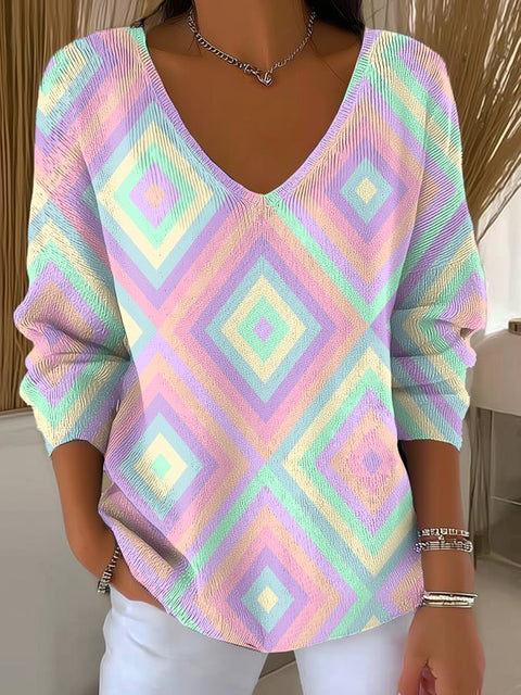 Women's Colorful Diamond Geometric Painting Art Print Casual Pullover Sweater