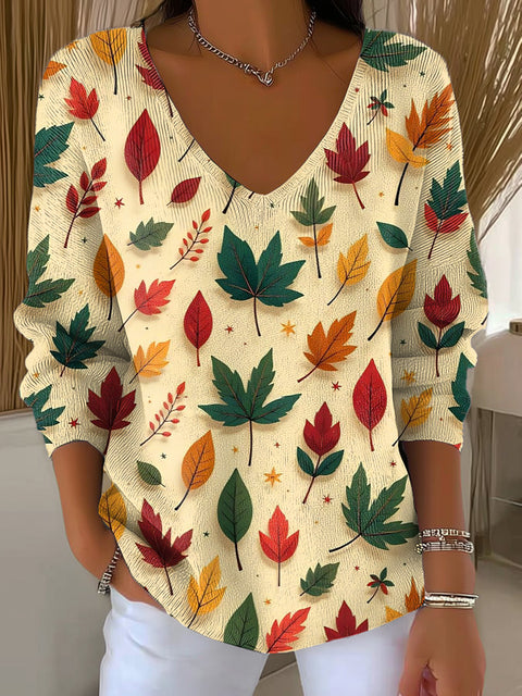 Women's Cute Colorful Leaf Painting Art Print Casual Pullover Sweater