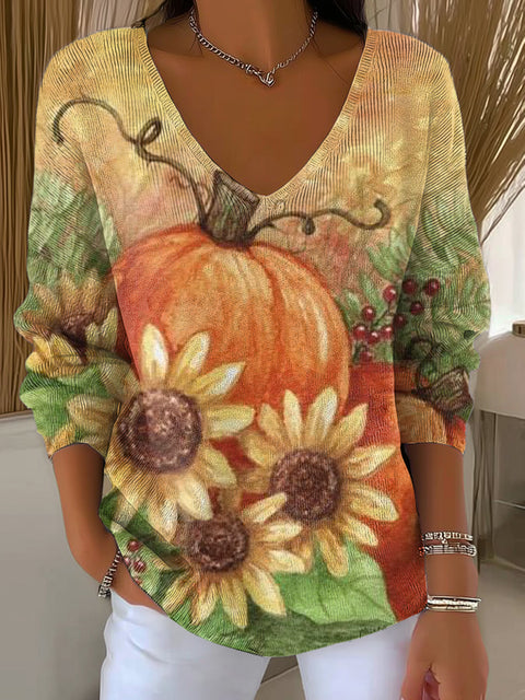 Women's Floral Pumpkin Painting Art Print Casual Pullover Sweater