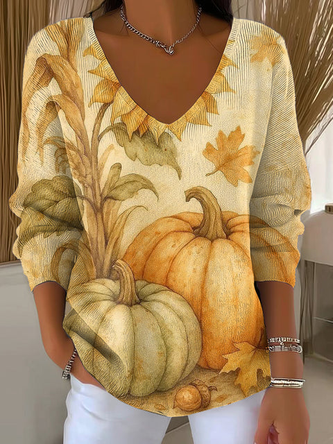 Women's Floral Pumpkin Painting Art Print Casual Pullover Sweater