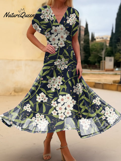Women's Flower And Leaf Painting Art Print Cotton Dress