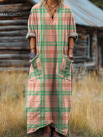 Women's Vintage Abstract Stripe Art Print Pocket V-neck Cotton Dress