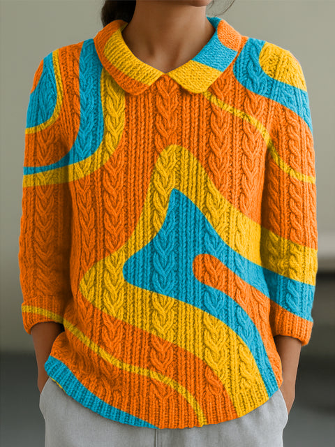 Women's Colorful Abstract Stripe Painting Art Print Casual Peter Pan Collar 3/4 Sleeve Sweater
