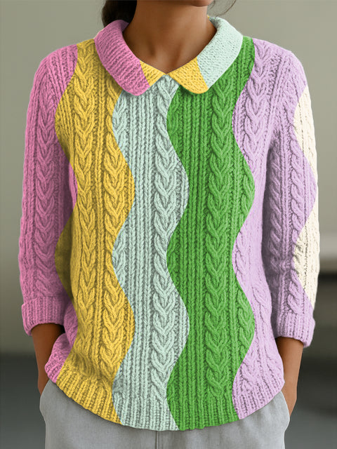 Women's Colorful Abstract Stripe Painting Art Print Casual Peter Pan Collar 3/4 Sleeve Sweater