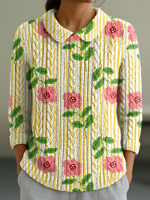 Women's Flowers Painting Art Print Casual Peter Pan Collar 3/4 Sleeve Sweater