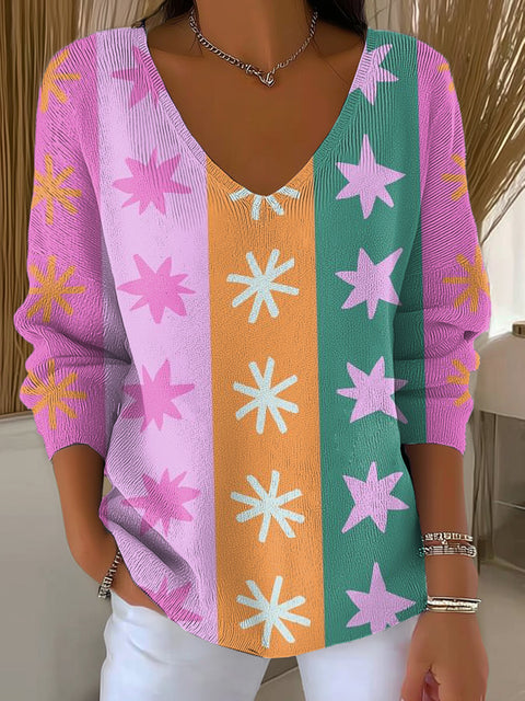 Women's Colorful Stripes Stars Painting Art Print Casual Pullover Sweater