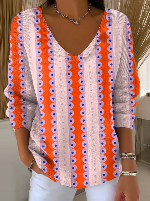 Women's Geometric Stripe Painting Art Print Casual Pullover Sweater
