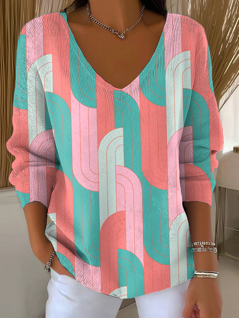 Women's Abstract Geometric Stripes Painting Art Print Casual Pullover Sweater