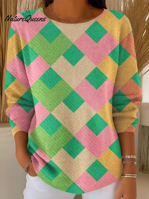 Women's Colorful Diamond Geometric Painting Art Print Casual Pullover Sweater