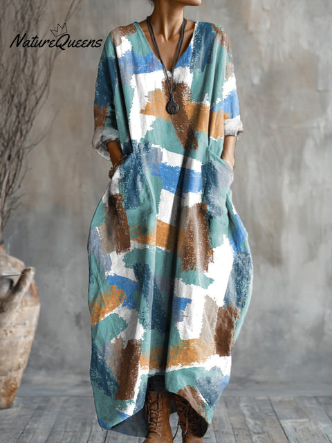 Women's Abstract Color Block Graffiti Painting Art Print Pocket V-neck Cotton Dress