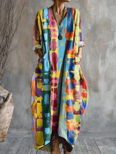 Women's Abstract Multicolor Block Graffiti Painting Art Print Pocket V-neck Cotton Dress