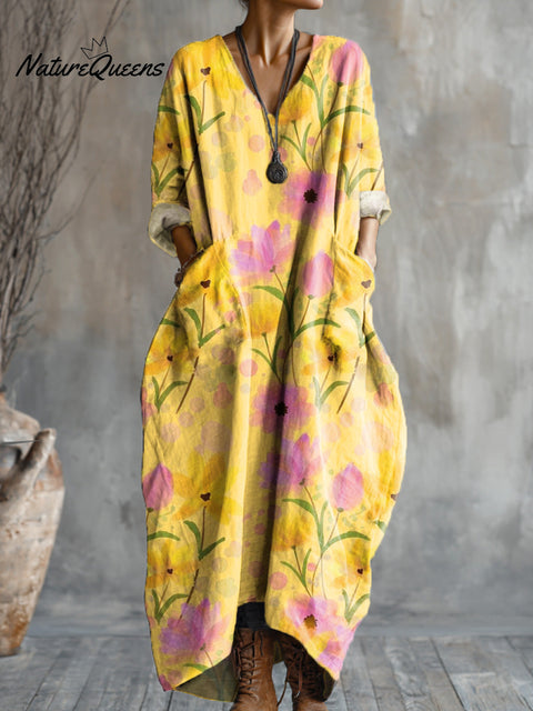 Women's Beautiful Flower Painting Art Print Pocket V-neck Cotton Dress