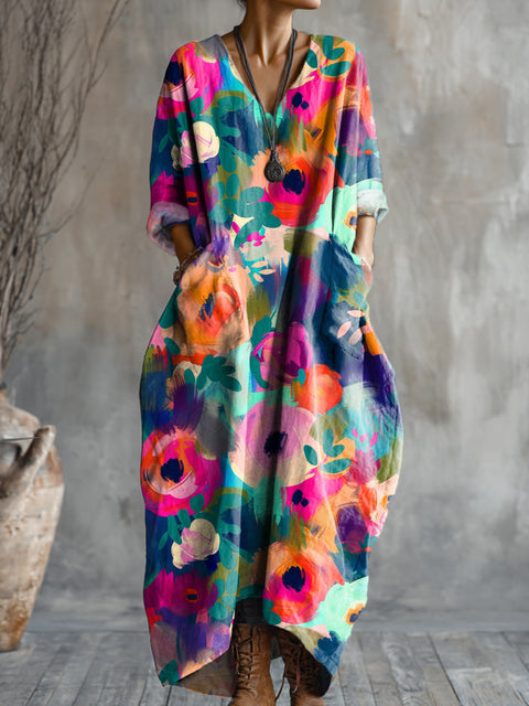 Women's Abstract Colorful Beautiful Flower Painting Art Print Pocket V-neck Cotton Dress