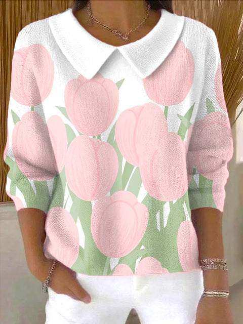 Women's Beautiful Tulip Painting Art Print Casual Peter Pan Collar 3/4 Sleeve Sweater