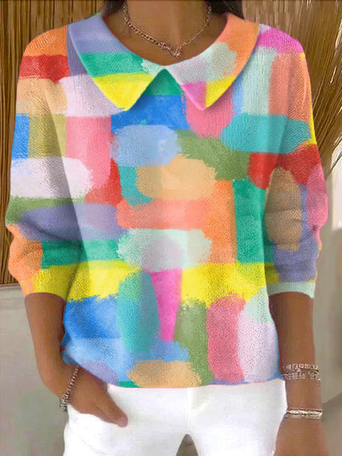Women's Beautiful Abstract Colorful Graffiti Painting Art Print Casual Peter Pan Collar 3/4 Sleeve Sweater