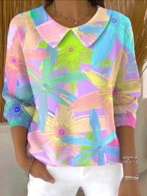 Women's Beautiful Colorful Flower Painting Art Print Casual Peter Pan Collar 3/4 Sleeve Sweater