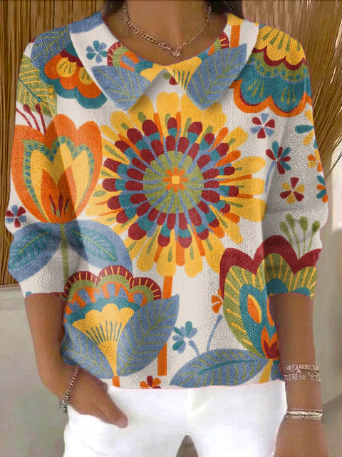 Women's Abstract Large Flower Painting Art Print Casual Peter Pan Collar 3/4 Sleeve Sweater
