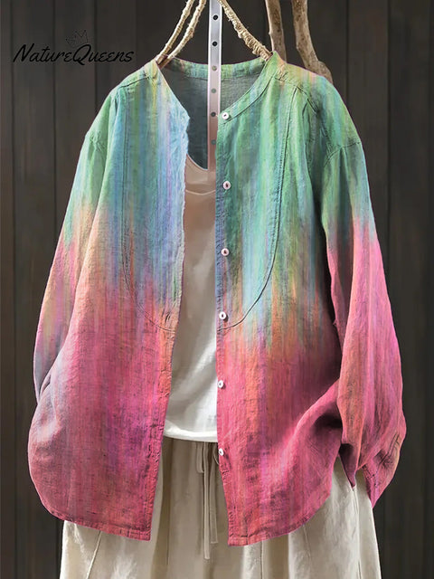 Women's Abstract Beautiful Gradient Painting Art Print Casual Cotton And Linen Ruffle Shirt